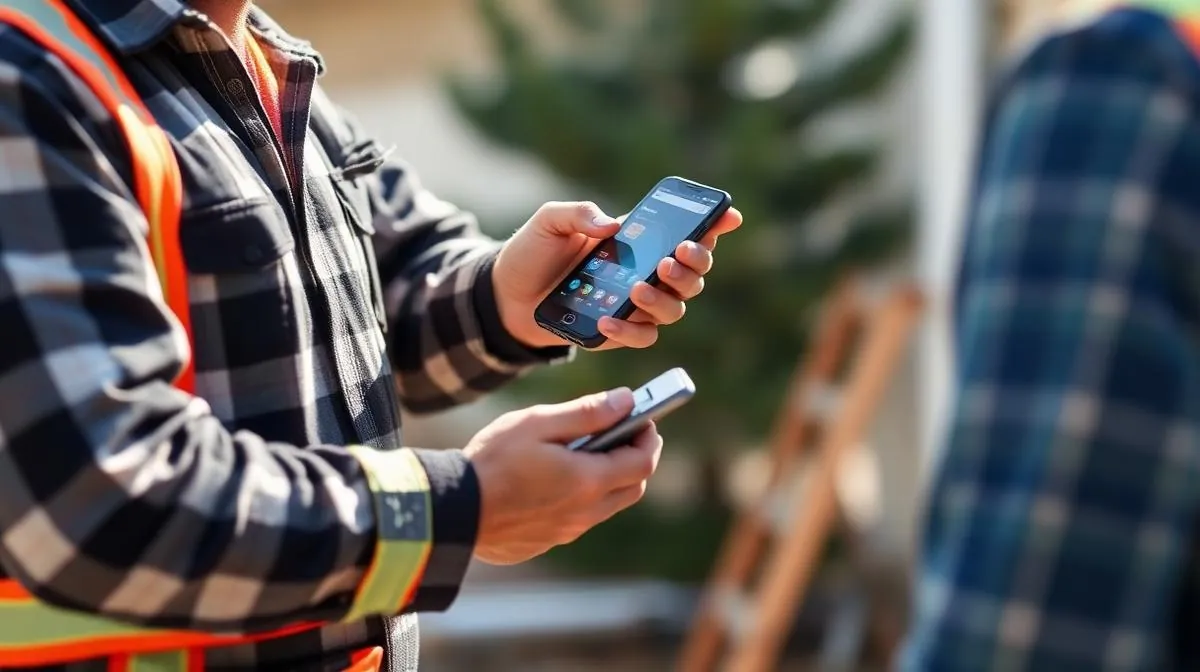 Contractor accepting payment via smartphone at a job site