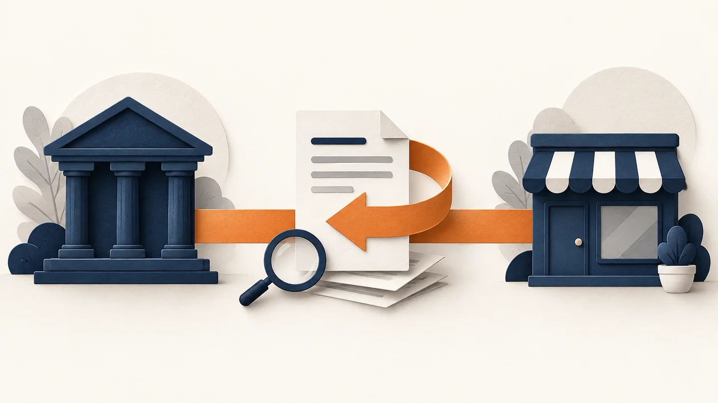 Editorial illustration of a returned bank payment between a bank and a merchant.