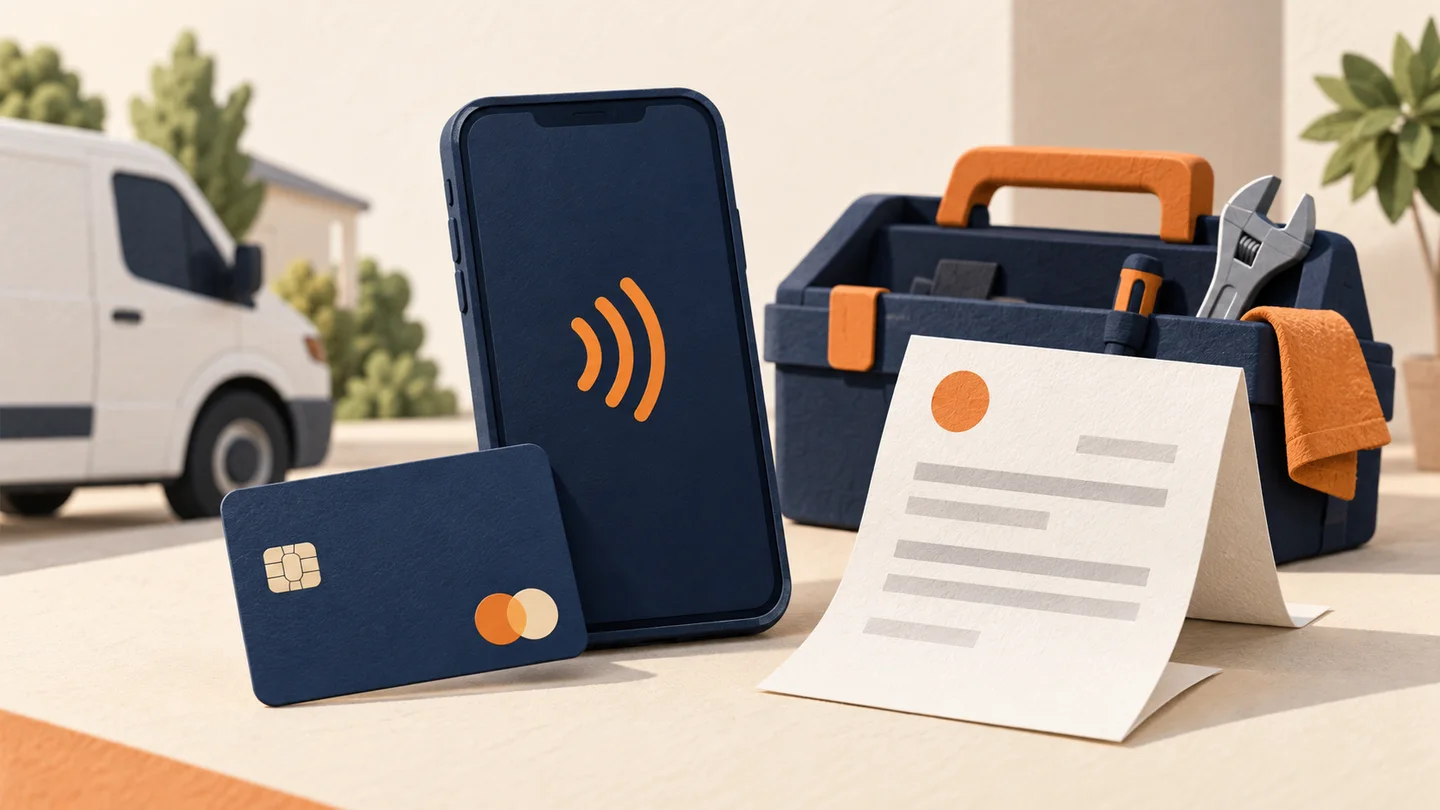 Illustration of a contactless payment phone, card and toolbox for mobile businesses.