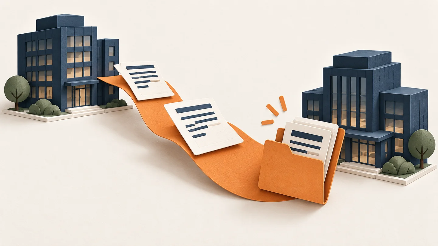 Illustration of office buildings connected by an orange path with business invoices.