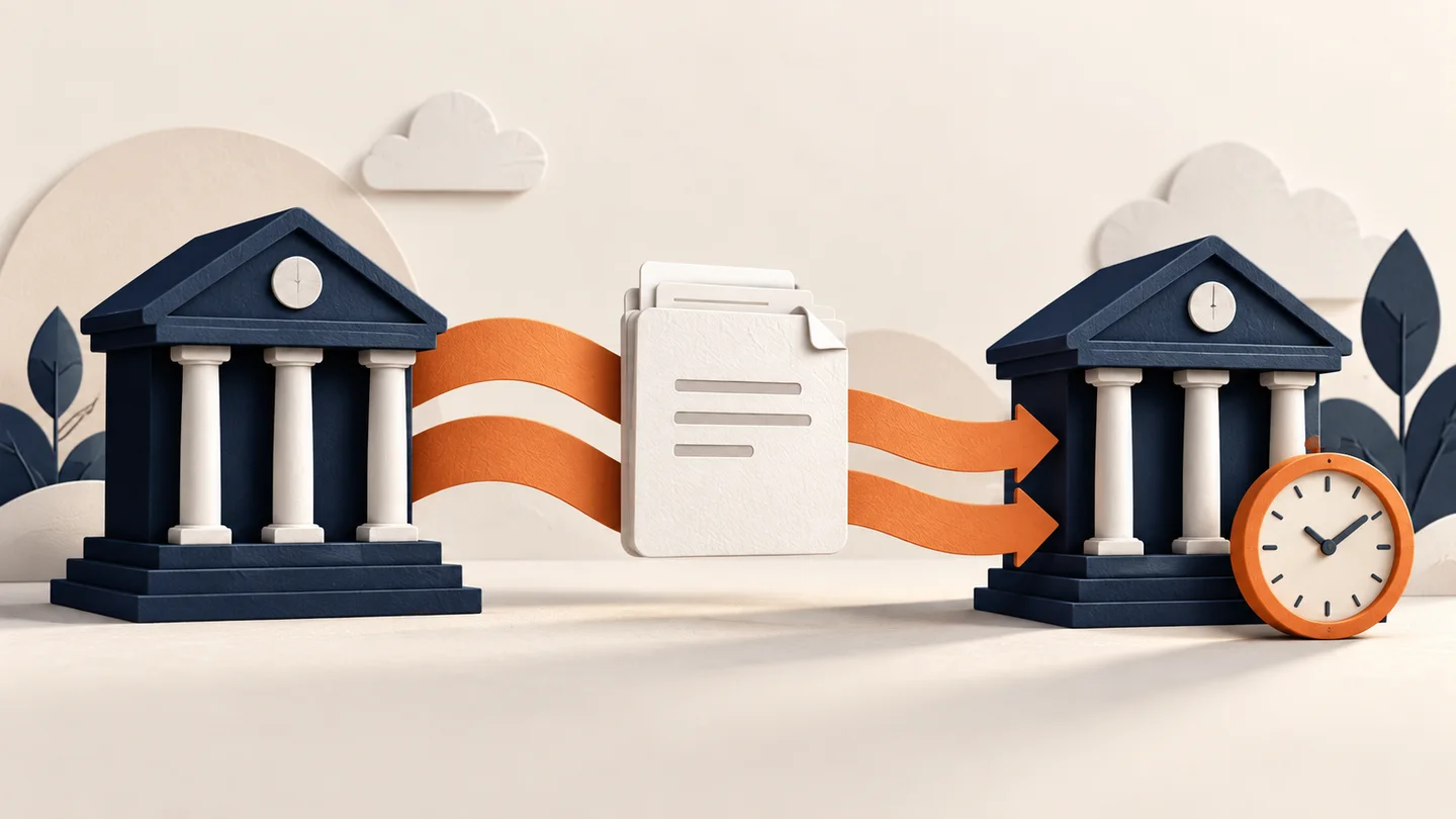Illustration of bank buildings connected by transfer paths, with a document folder and clock.