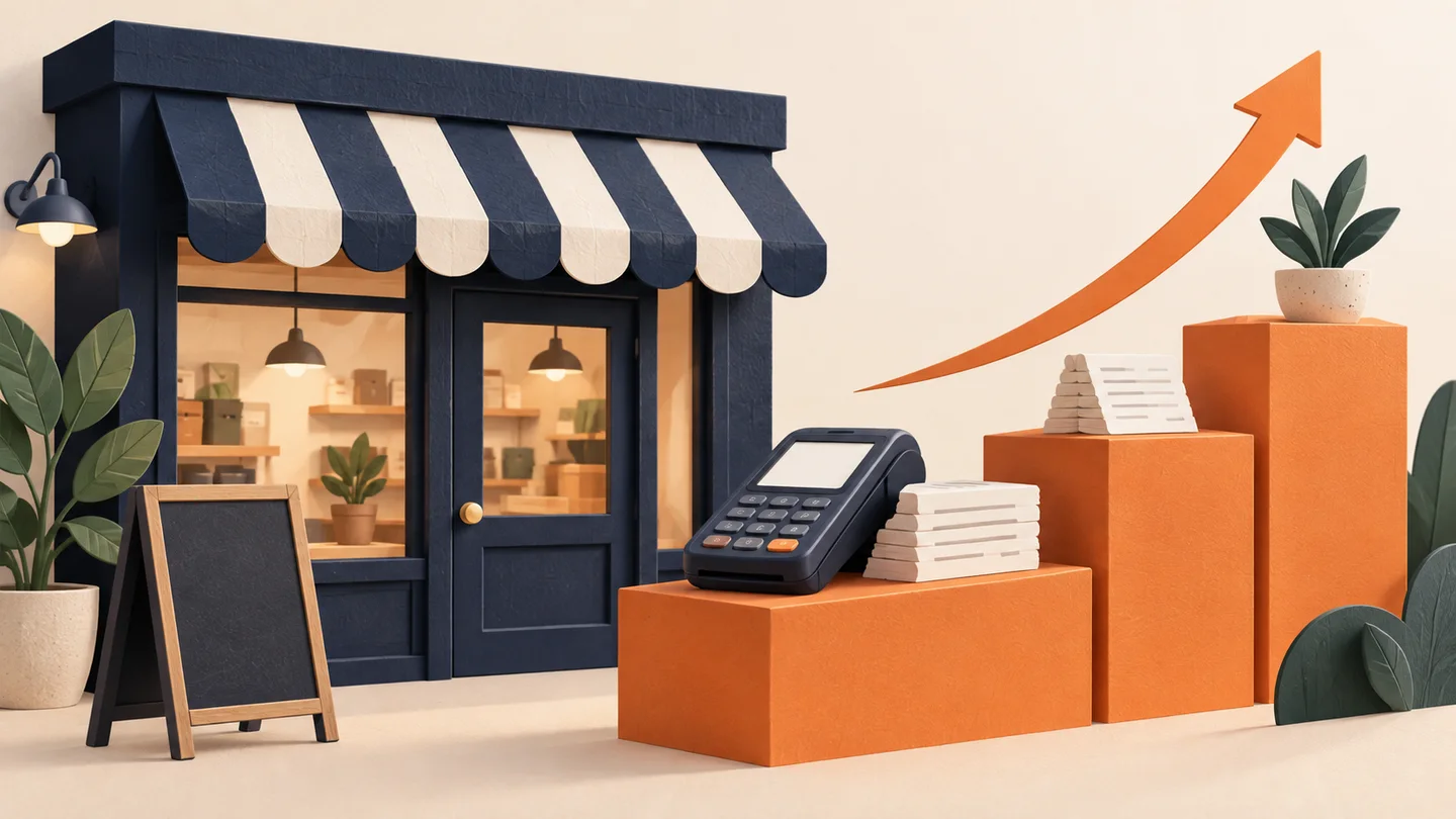 Illustration of a storefront and payment terminal beside ascending orange steps.