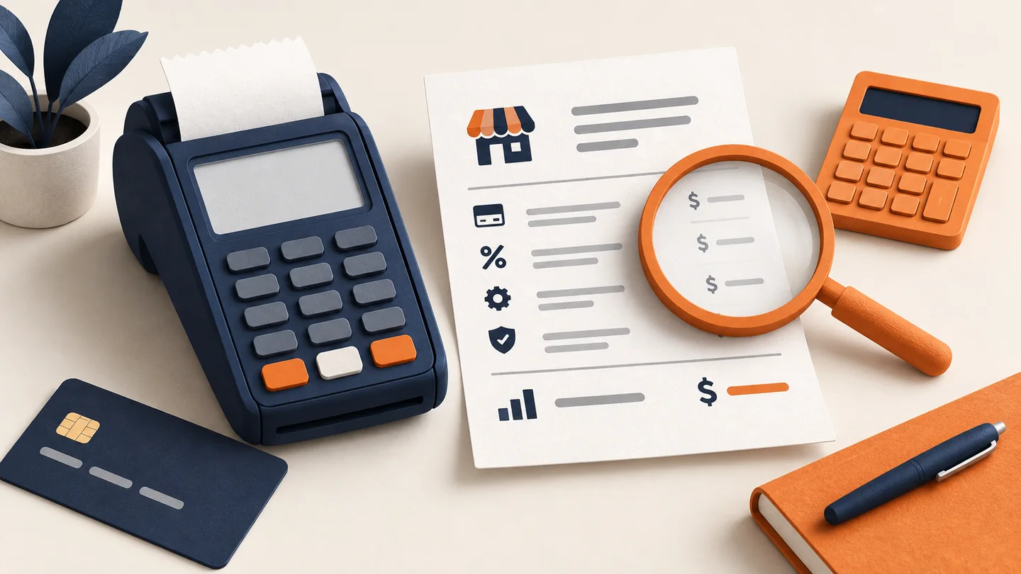 Illustration of a payment terminal, fee statement, calculator and magnifying glass.