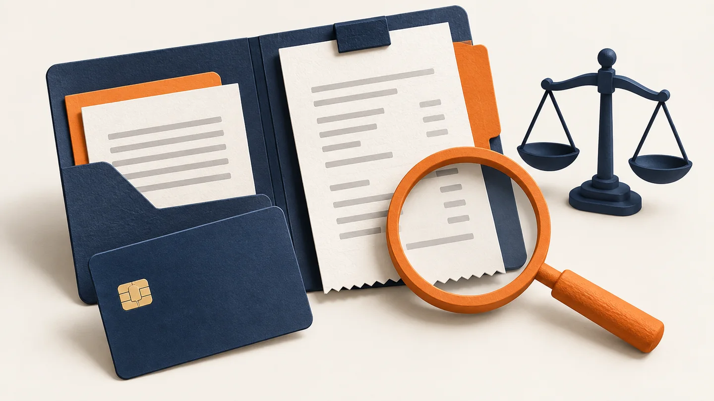 Illustration of a payment card, dispute folder, receipt and evidence-review tools.