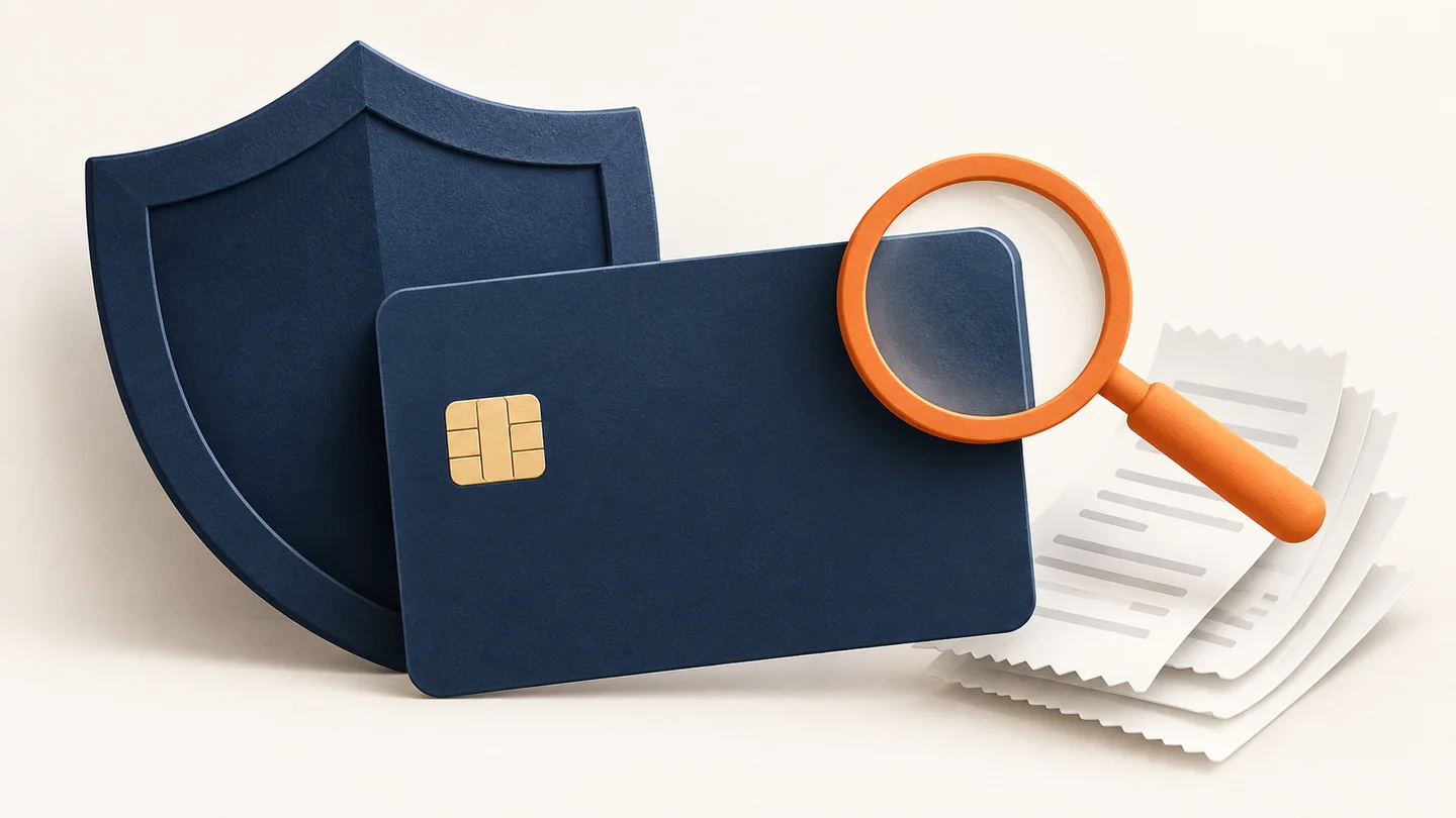 Illustration of a navy payment card in front of a navy shield, with an orange magnifying glass over the card and a stack of paper receipts beside it.
