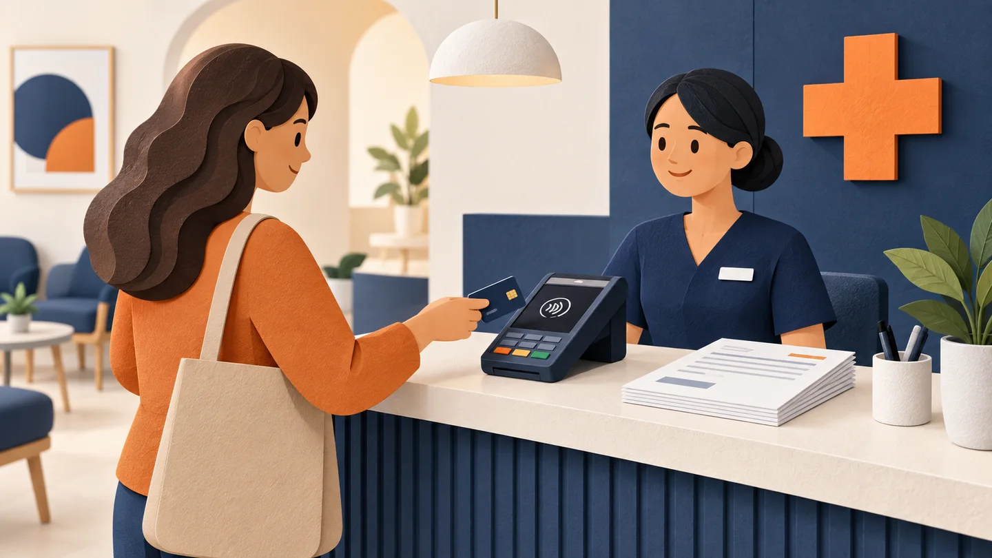 Illustration of a patient making a card payment at a healthcare reception desk.