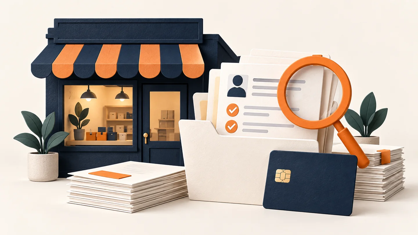 Illustration of a storefront, application documents and magnifying glass for account review.