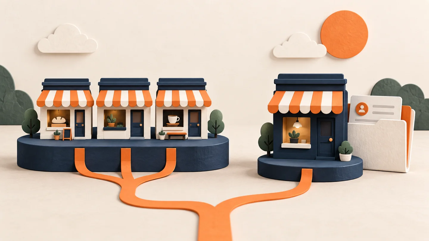 Illustration contrasting storefronts on a shared platform with an independent merchant account.