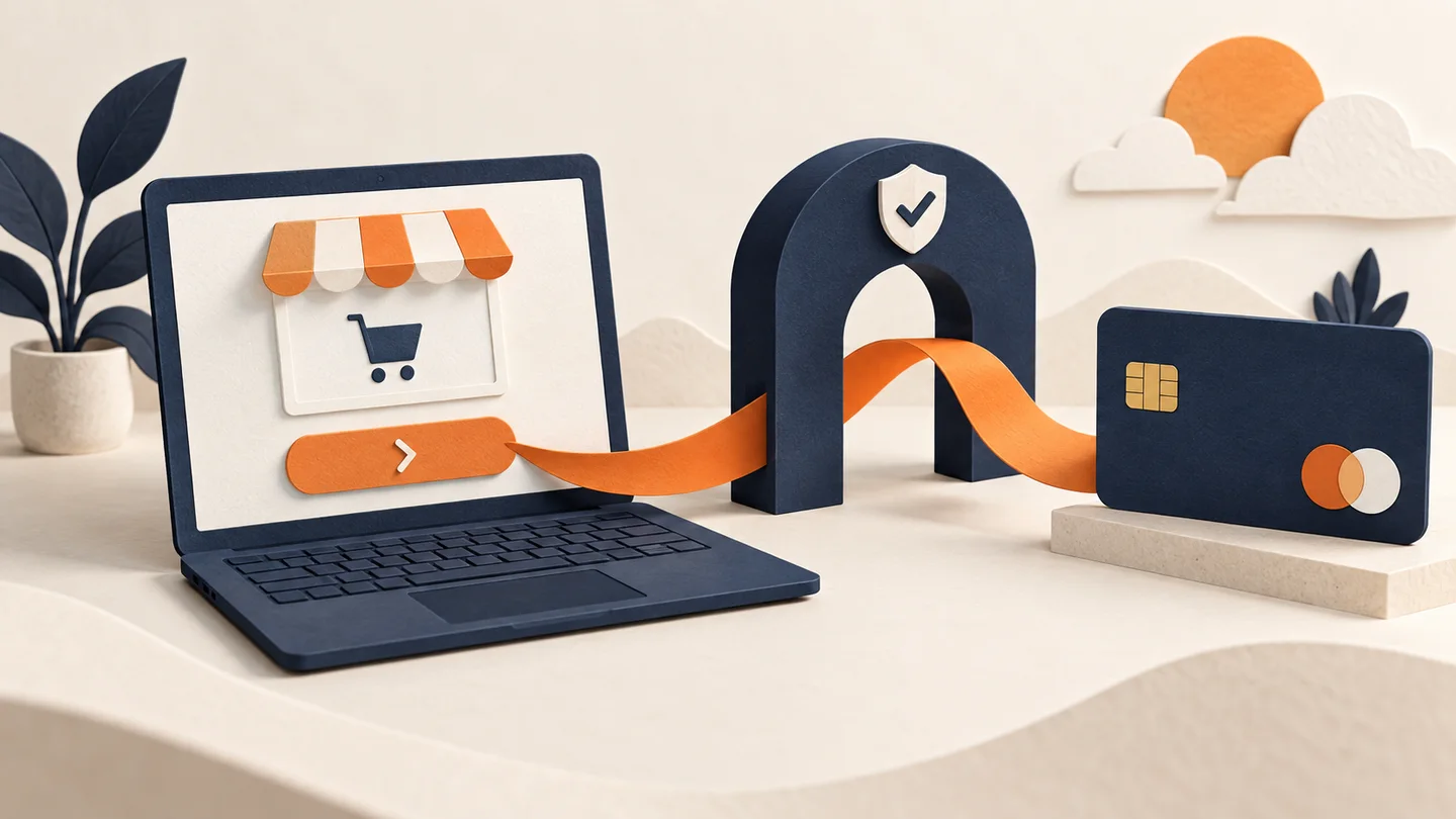 Illustration of an online storefront connecting through a payment gateway to a card.