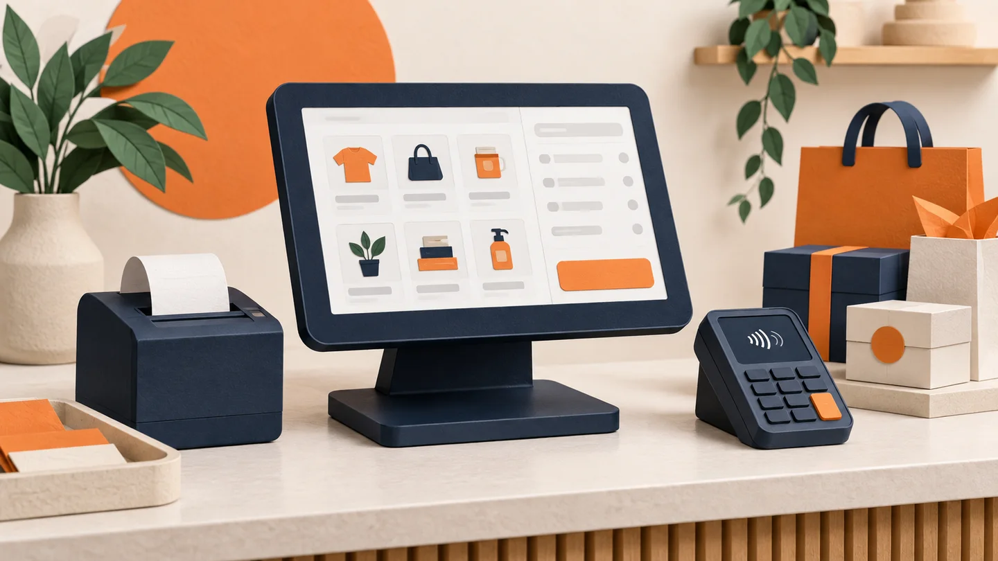 Illustration of a point-of-sale touchscreen, card reader and receipt printer.