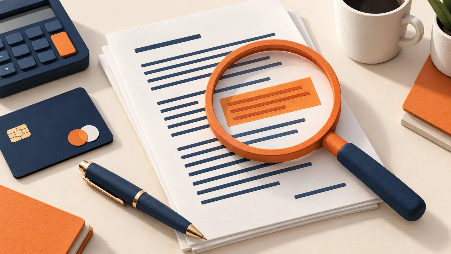 Illustration of a magnifying glass reviewing a flagged clause in a processing contract.