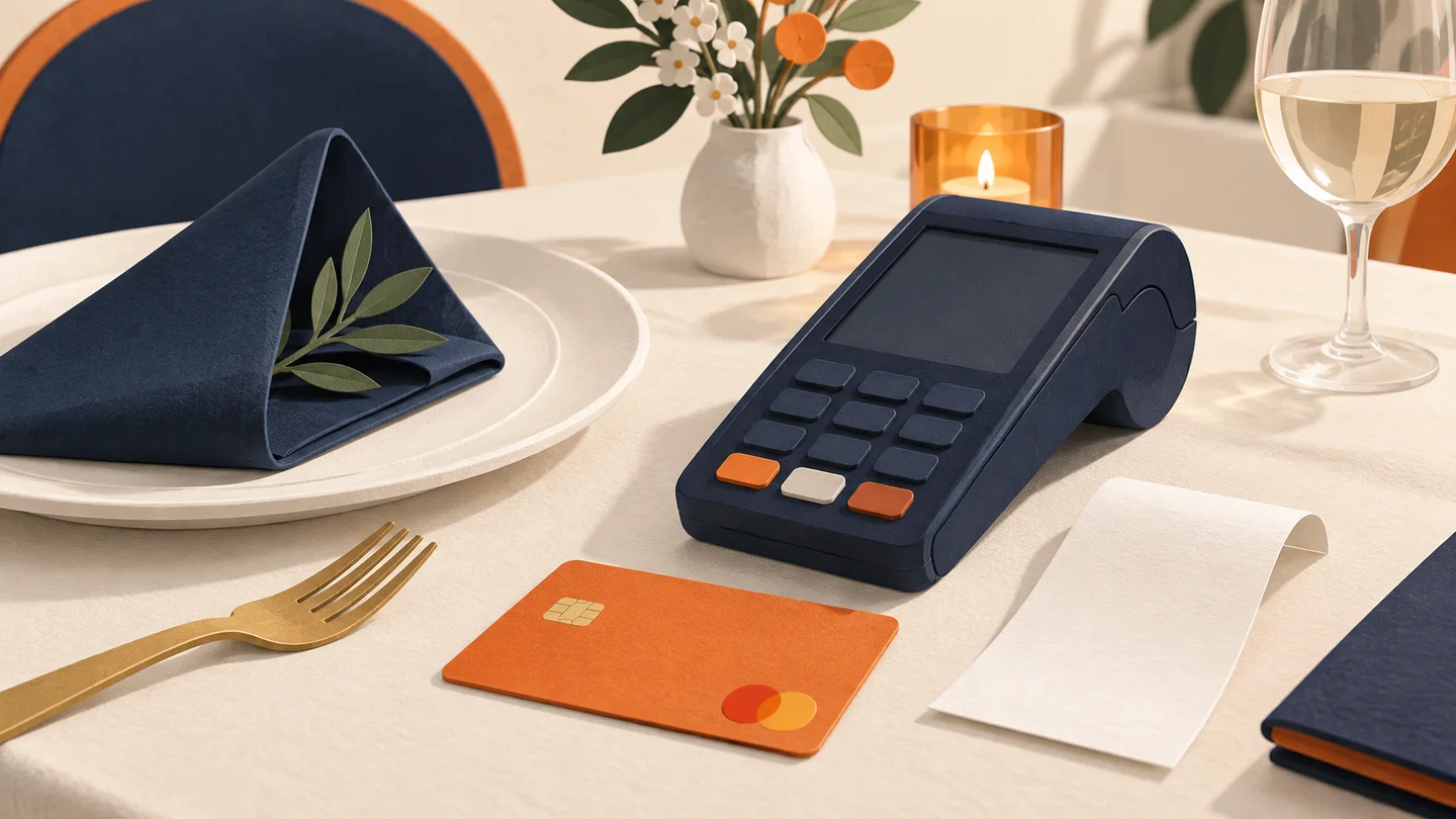 Illustration of a handheld payment terminal and receipt on a restaurant table.