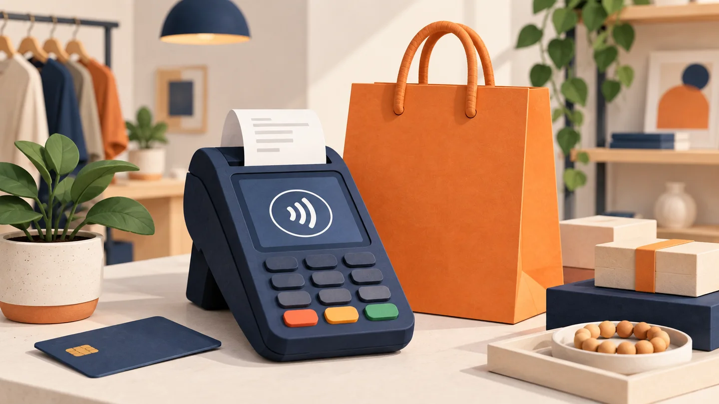 Illustration of a retail checkout with a payment terminal, shopping bag and receipt.