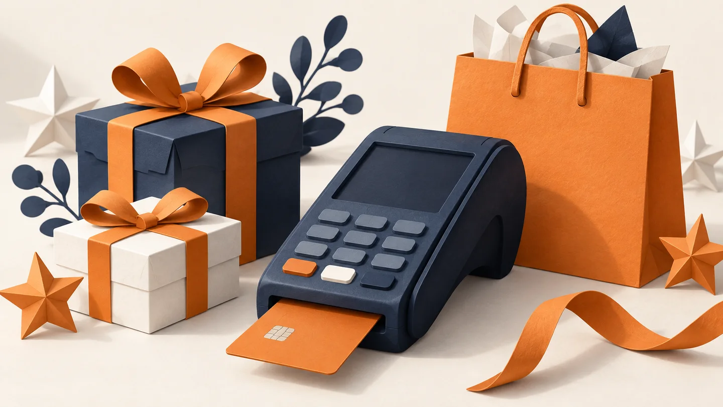 Illustration of a payment terminal with gift boxes and shopping bags for seasonal retail.