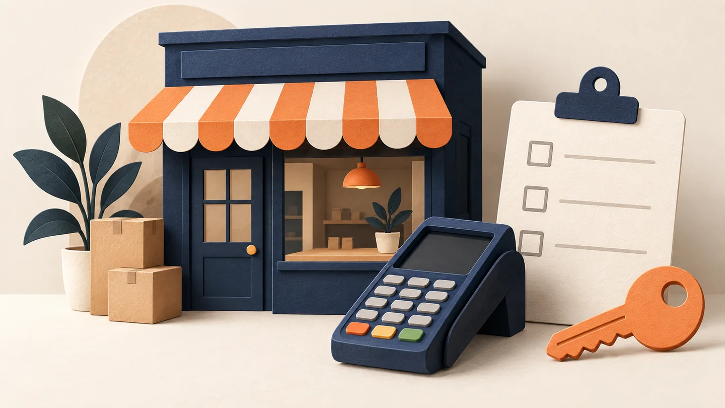 Illustration of a new storefront, payment terminal, checklist and key.