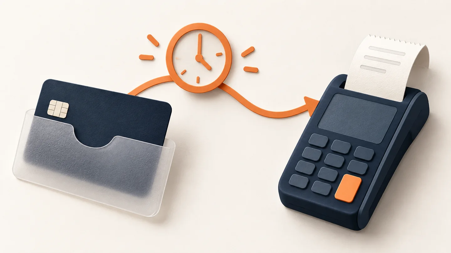 Editorial illustration of a payment card, clock and terminal representing a temporary authorization hold.