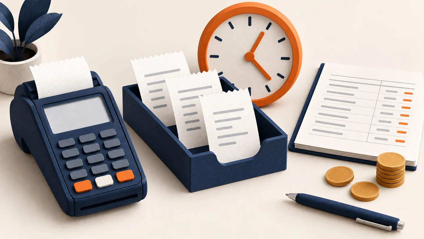 Illustration of card receipts grouped in a tray beside a payment terminal, clock and deposit ledger.