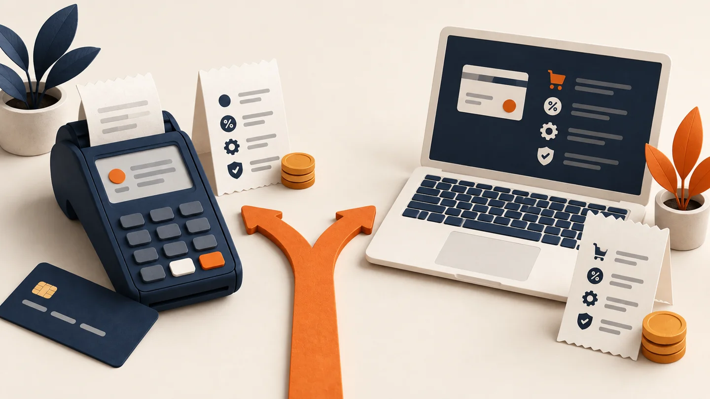 Illustration of a payment terminal and laptop connected by a branching orange arrow, representing different payment channels.