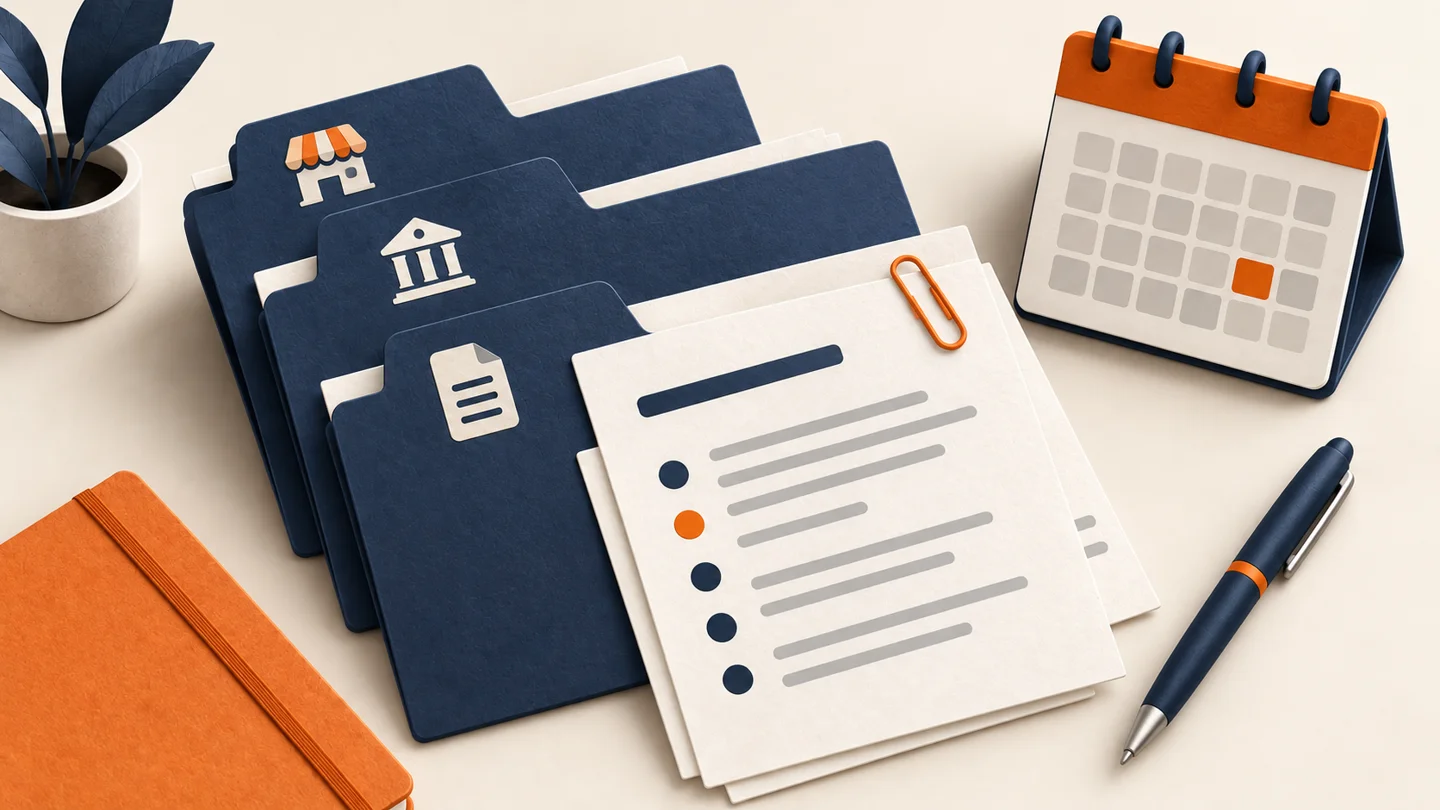 Organized business application folders, supporting documents and a planning calendar.
