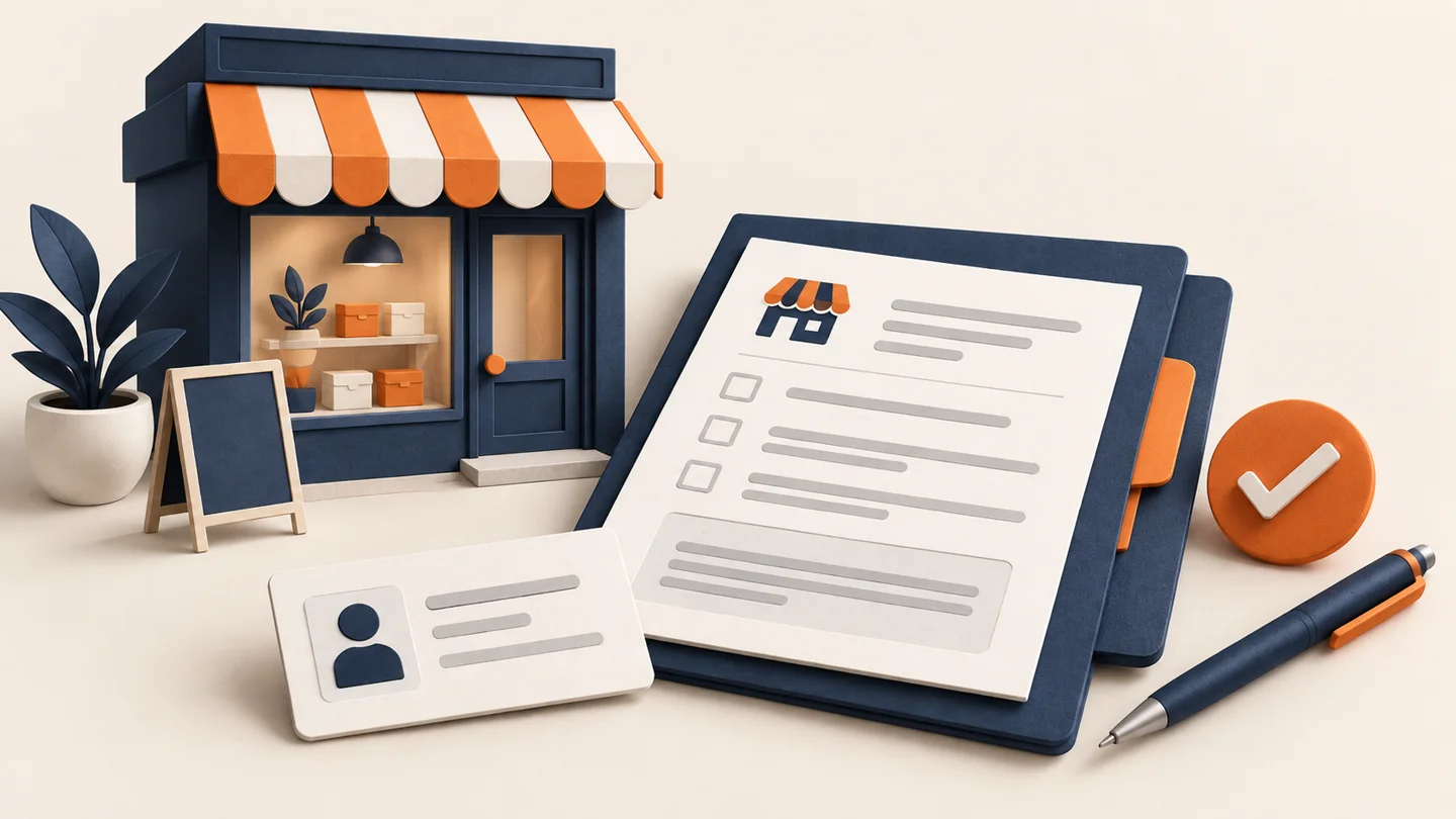 Illustration of a new storefront beside a merchant application checklist, identity card and approval check.