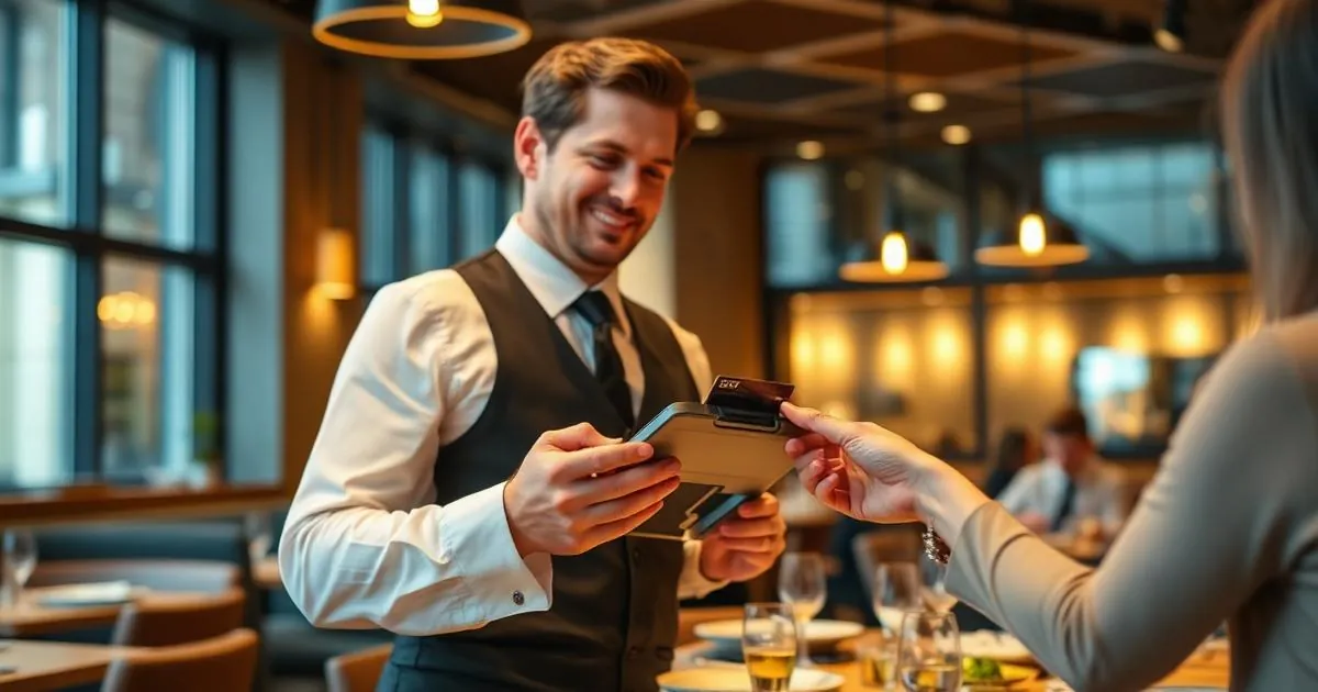Restaurant server processing a payment at tableside