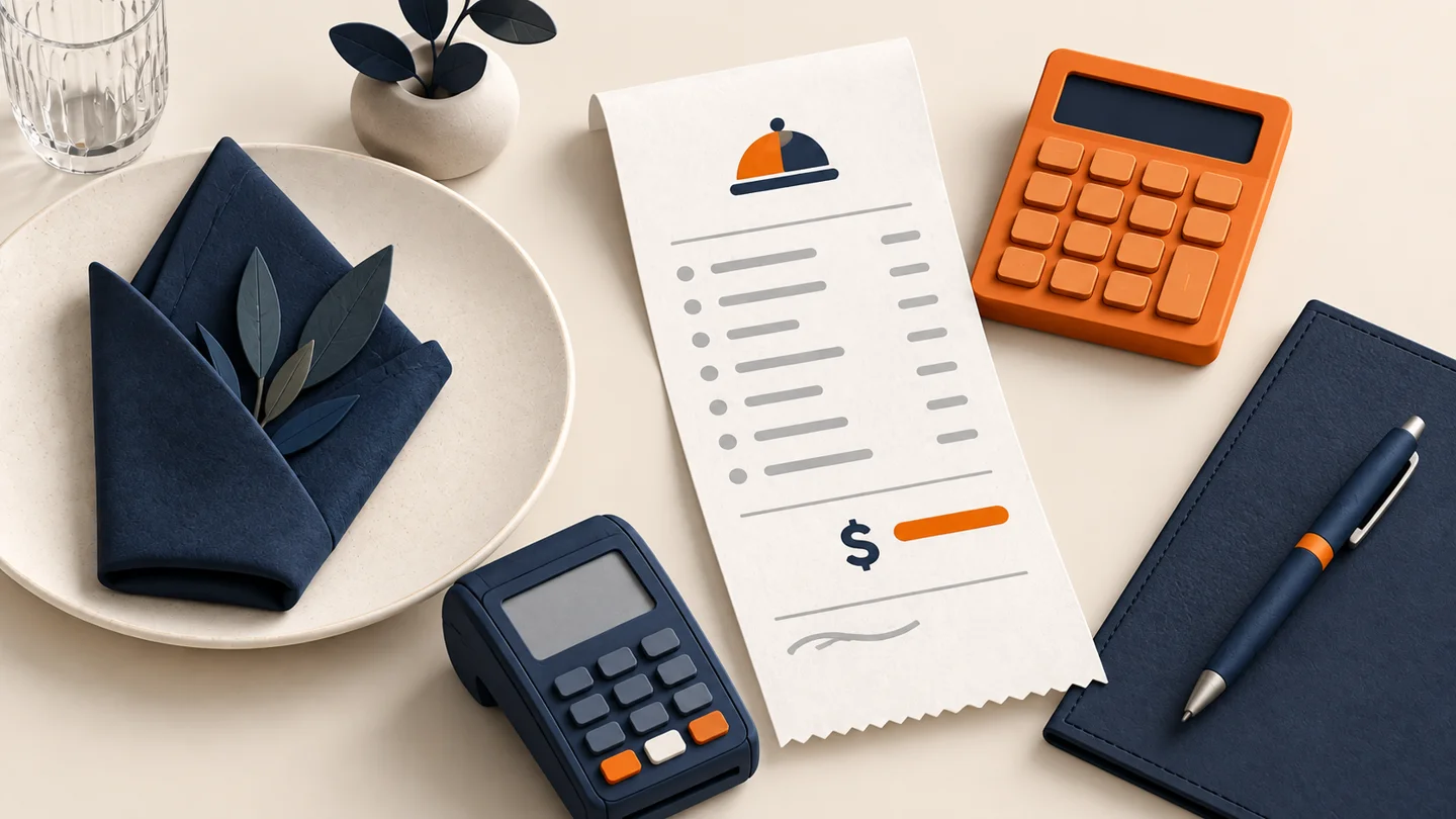 Editorial illustration of a restaurant receipt, calculator and generic card terminal beside a plate and navy napkin