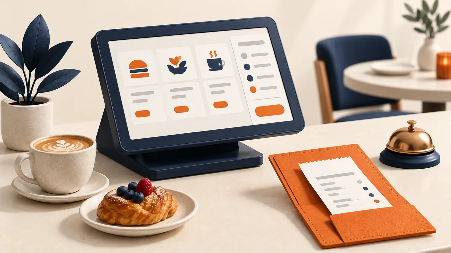 Editorial restaurant illustration with a generic POS terminal, receipt, coffee and service bell.