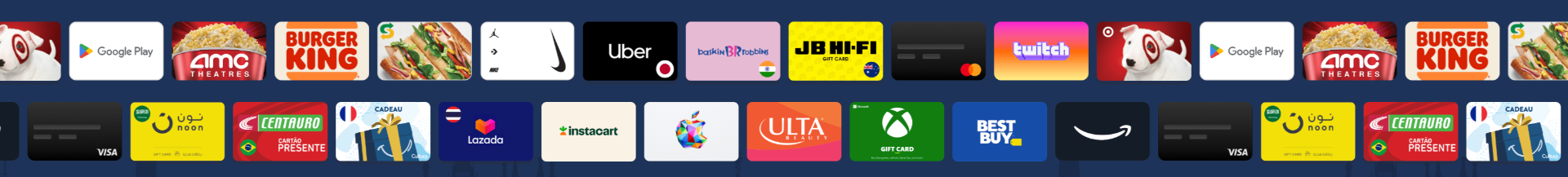 A selection of the 3,000+ gift card brands available to Payment USA Cash Discount Program merchants โ Amazon, Visa, Target, Apple, Best Buy, Uber, Starbucks, Xbox, and many more