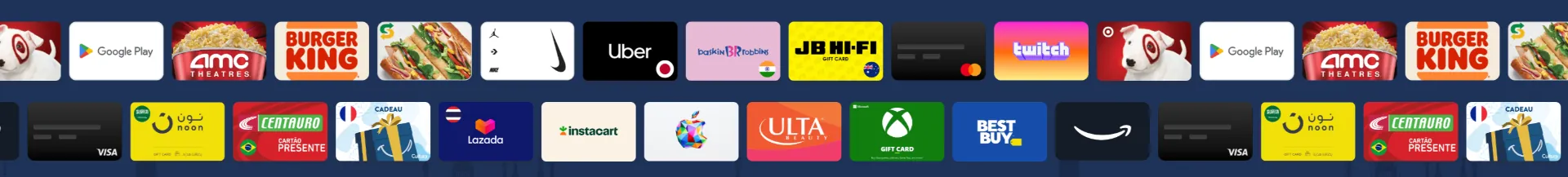 A selection of the 3,000+ gift card brands available to Payment USA Cash Discount Program merchants β Amazon, Visa, Target, Apple, Best Buy, Uber, Starbucks, Xbox, and many more