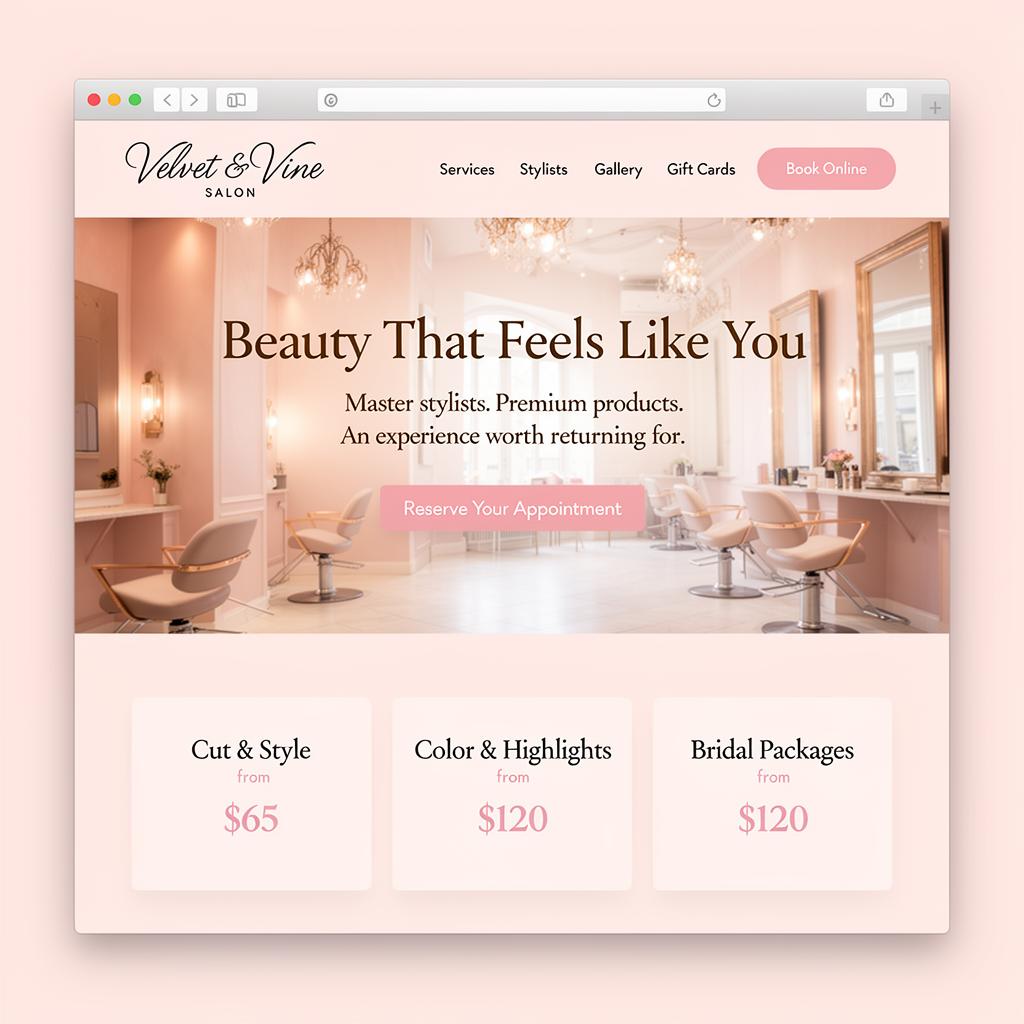 Velvet & Vine Salon website mockup designed by Payment USA